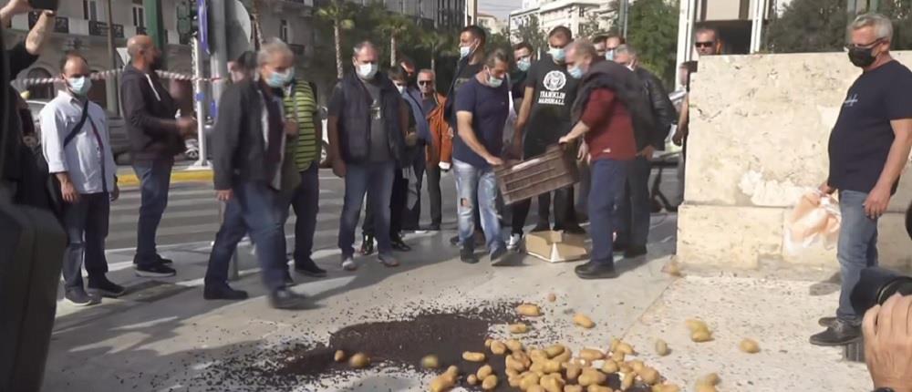 Σύνταγμα: Πυρόπληκτοι αγρότες πέταξαν τις σοδειές τους στη Βουλή (βίντεο)