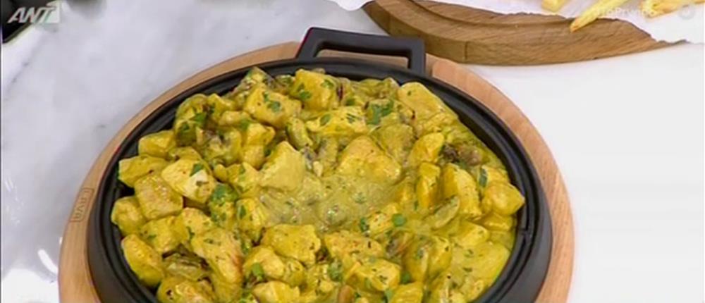 Συνταγή για τηγανιά με κοτόπουλο, μανιτάρια και μουστάρδα