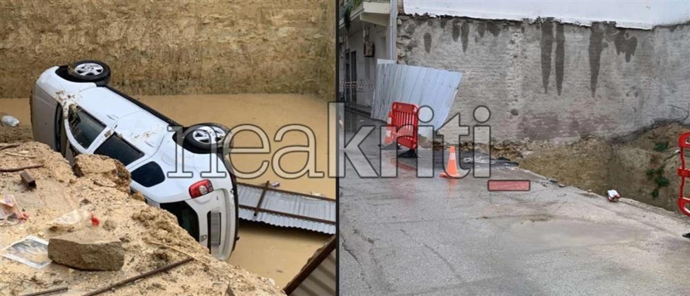 Ηράκλειο - Κακοκαιρία: Υποχώρησε το έδαφος και Ι.Χ. κατέληξε σε σκαμμένο οικόπεδο