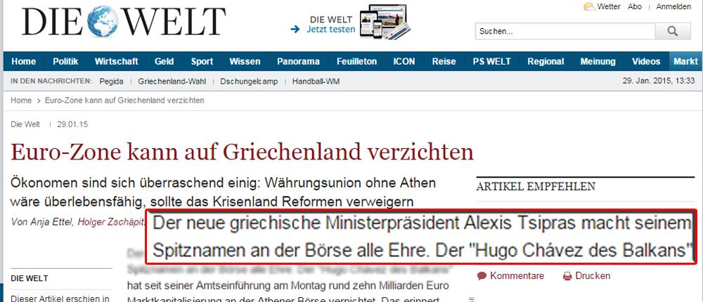 Die Welt - Αλέξης Τσίπρας - Ούγκο Τσάβεζ
