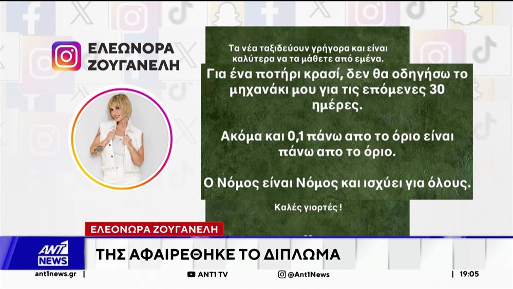 Η Ελεονώρα Ζουγανέλη εντοπίστηκε από την Τροχαία, να οδηγεί μηχανάκι έχοντας καταναλώσει μικρή ποσότητα αλκοόλ