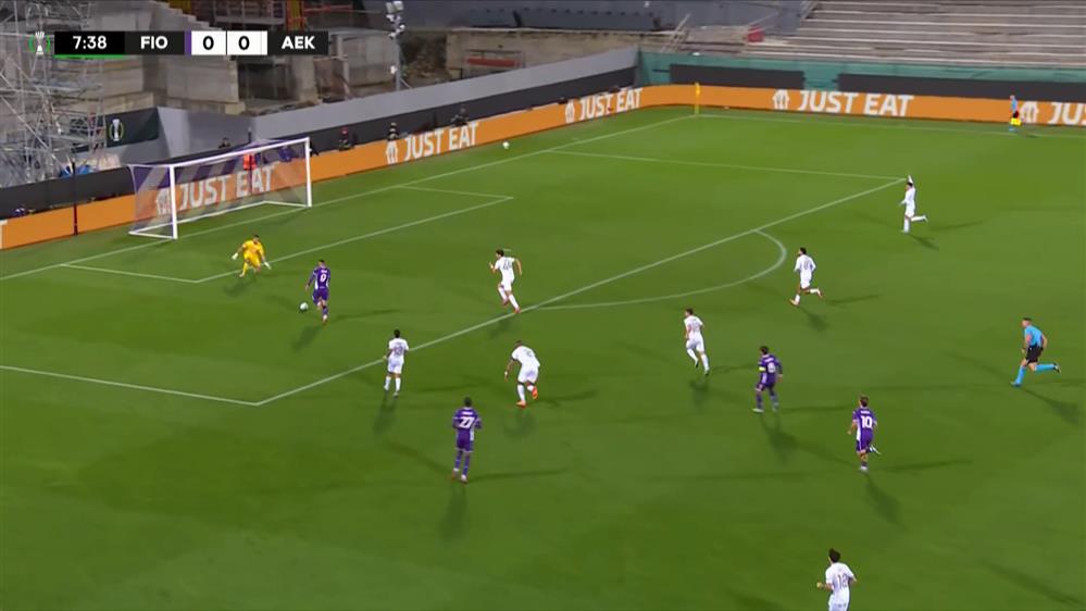 Φιορεντίνα - ΑΕΚ | Ευκαιρία για την Φιορεντίνα στο 7ο λεπτό με τον Τζέκο