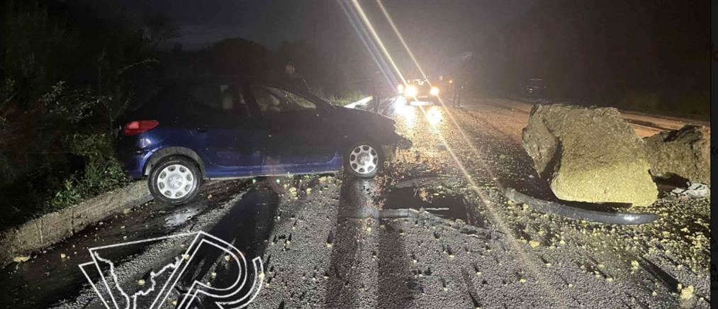 Πρέβεζα - Ηγουμενίτσα: Σύγκρουση ΙΧ με βράχο που βρέθηκε στον δρόμο από κατολίσθηση (εικόνες)